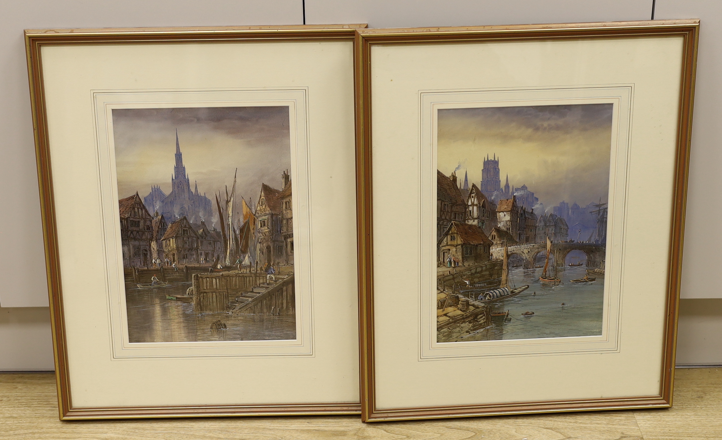 L. Lewis (19th. C), pair of heightened watercolours, Rhineish landscapes, each signed and dated '95, 36 x 25cm